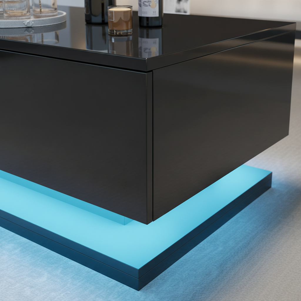Table basse noire brillante 90x50cm, 2 tiroirs et LED connectée