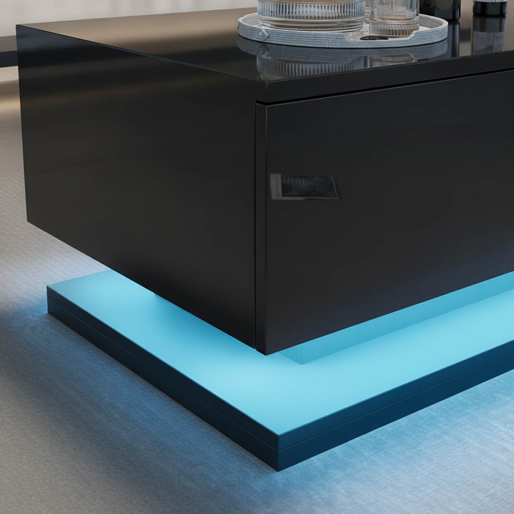 Table basse noire brillante 90x50cm, 2 tiroirs et LED connectée