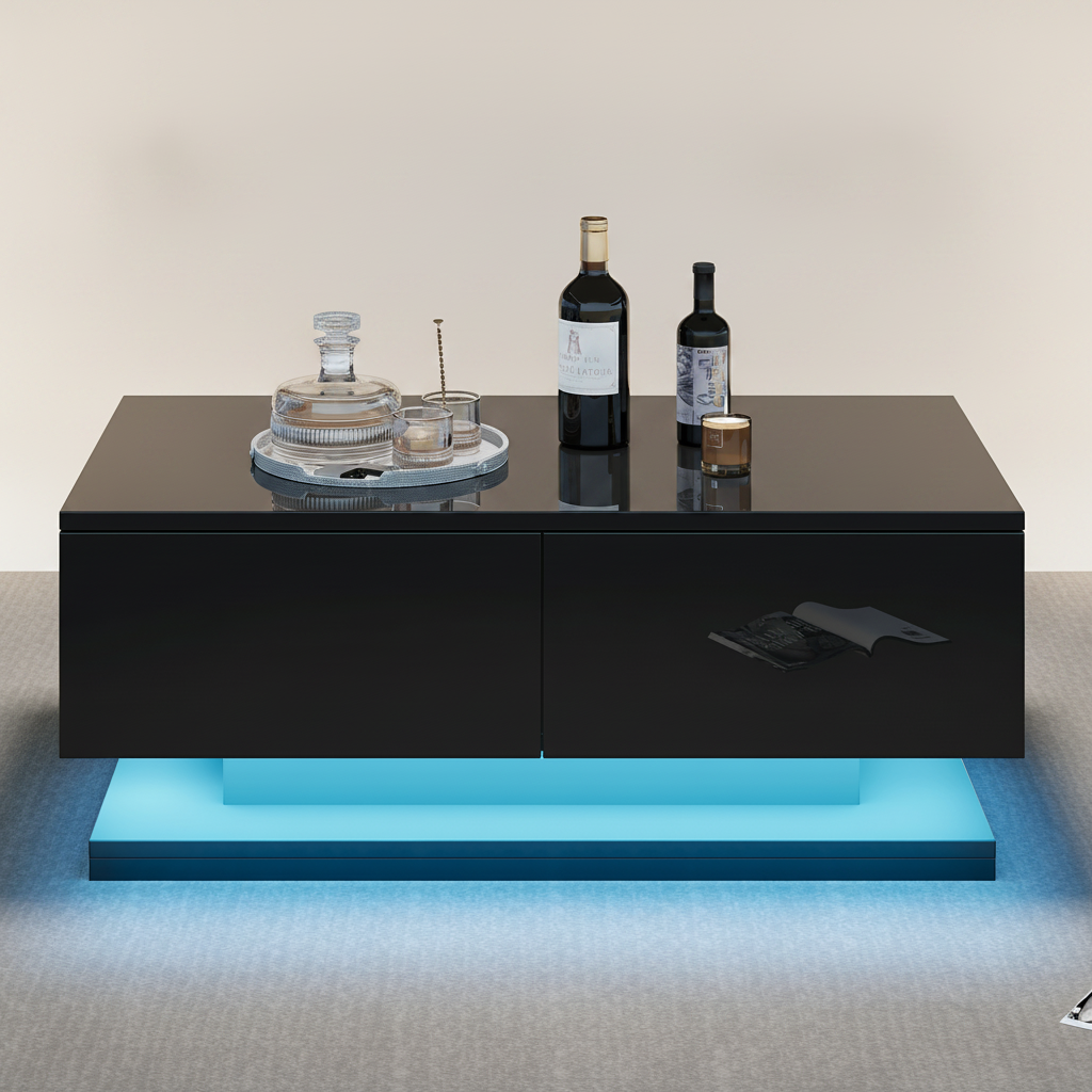 Table basse noire brillante 90x50cm, 2 tiroirs et LED connectée