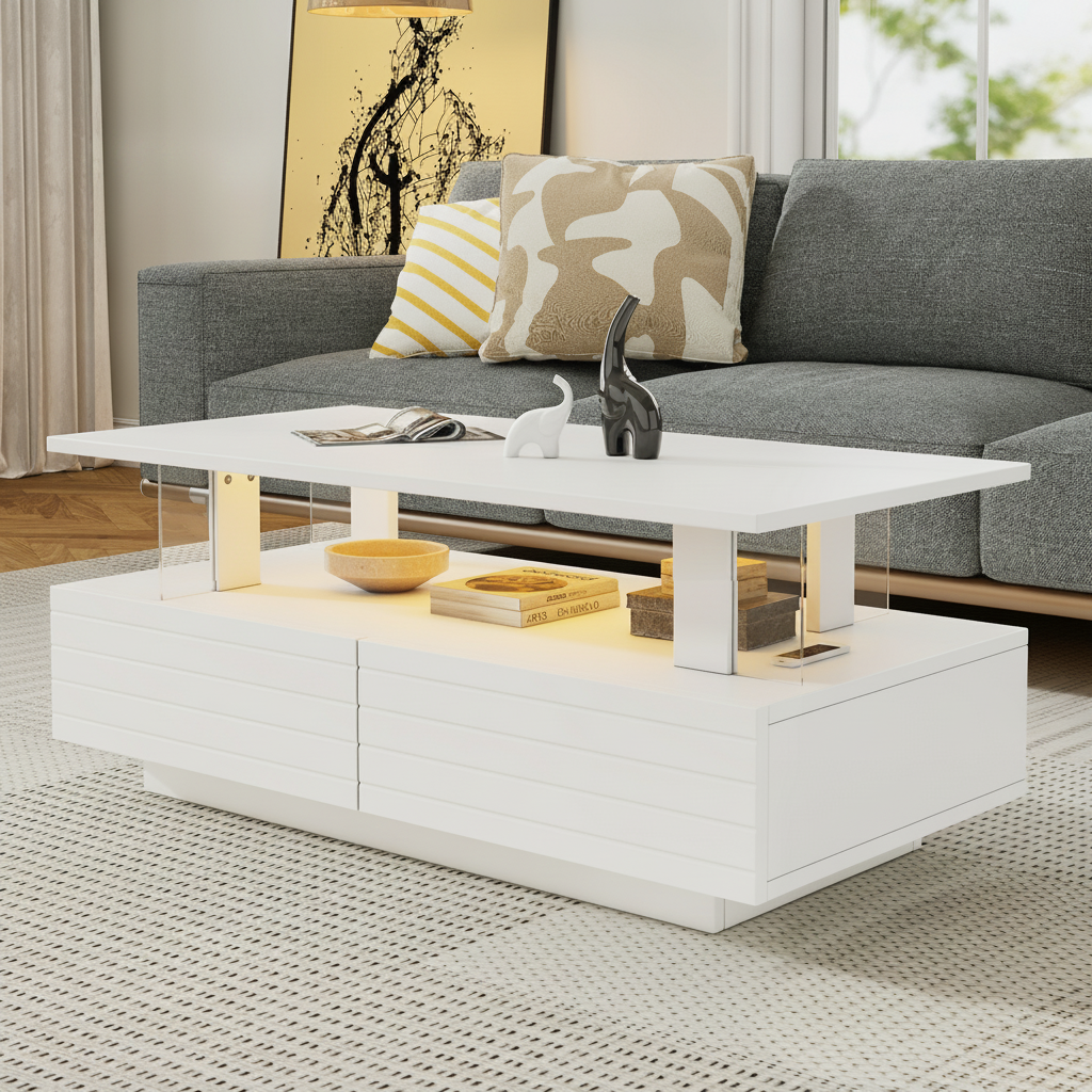 Table Basse LED Blanche avec Rangement et Contrôle App