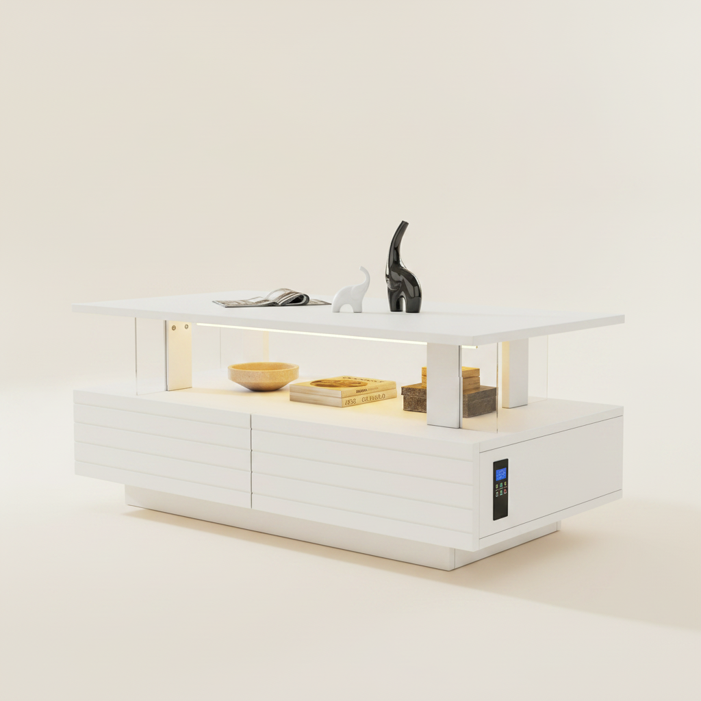 Table Basse LED Blanche avec Rangement et Contrôle App