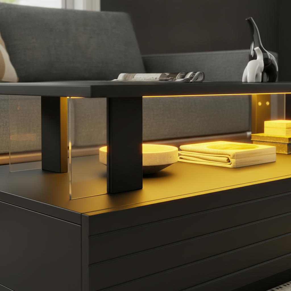 Table Basse LED Noire avec Rangement et Contrôle App
