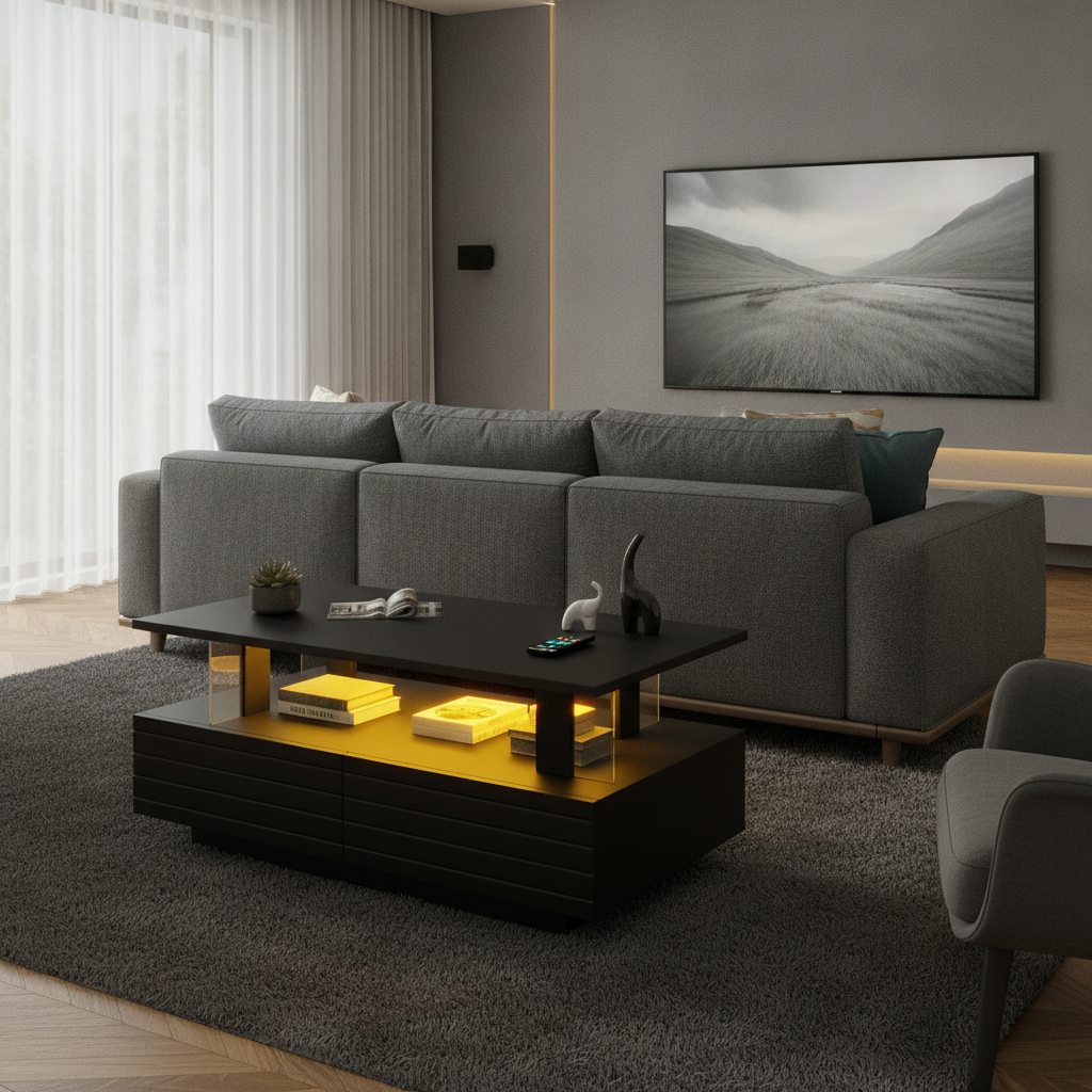Table Basse LED Noire avec Rangement et Contrôle App