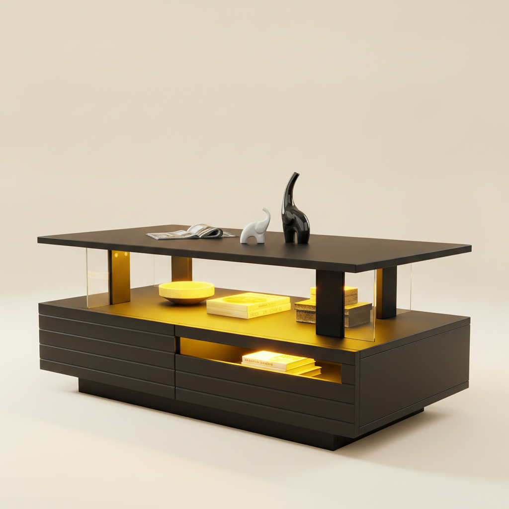 Table Basse LED Noire avec Rangement et Contrôle App